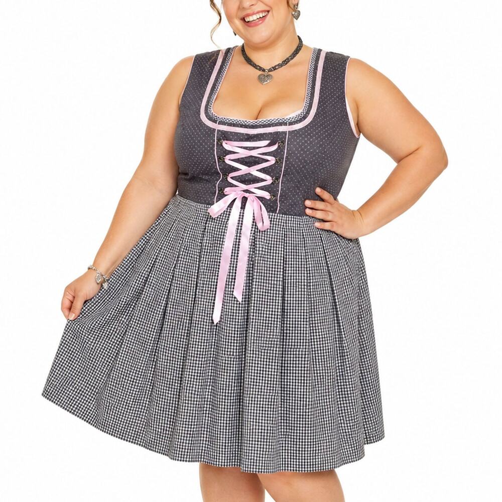 Landhaus Dirndl Dress Gray Pink Polka Dot Lace Up Trachten Plus Size US 20 EU 48